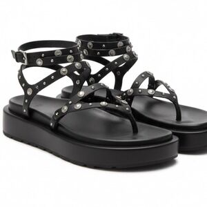 Black Platform Sandals Women's 10 Studded Ankle Strap Chunky Y2K Grunge Festival
